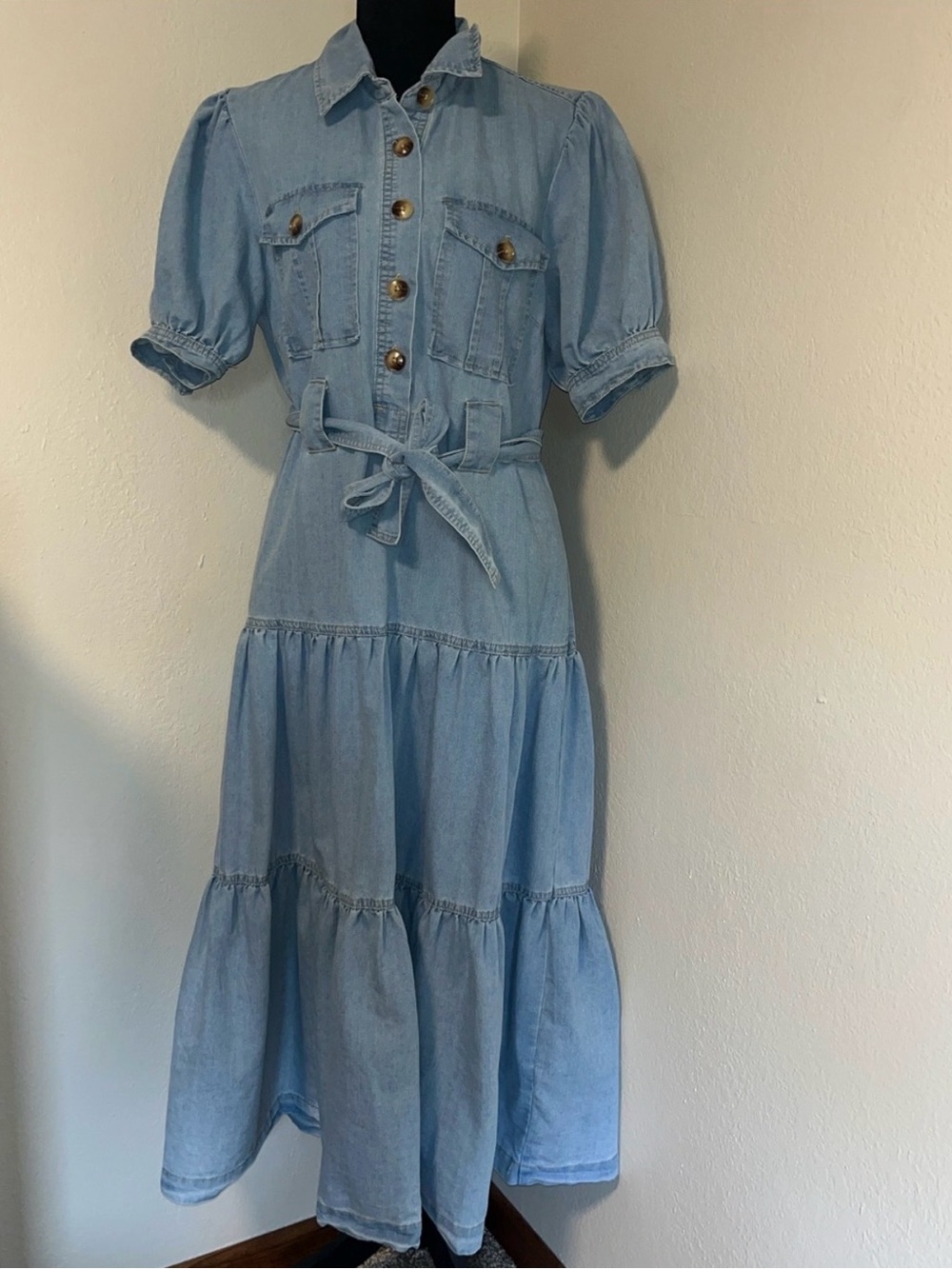 ELAN Light Blue Denim Tiered Midi Dress with Tie Waist
